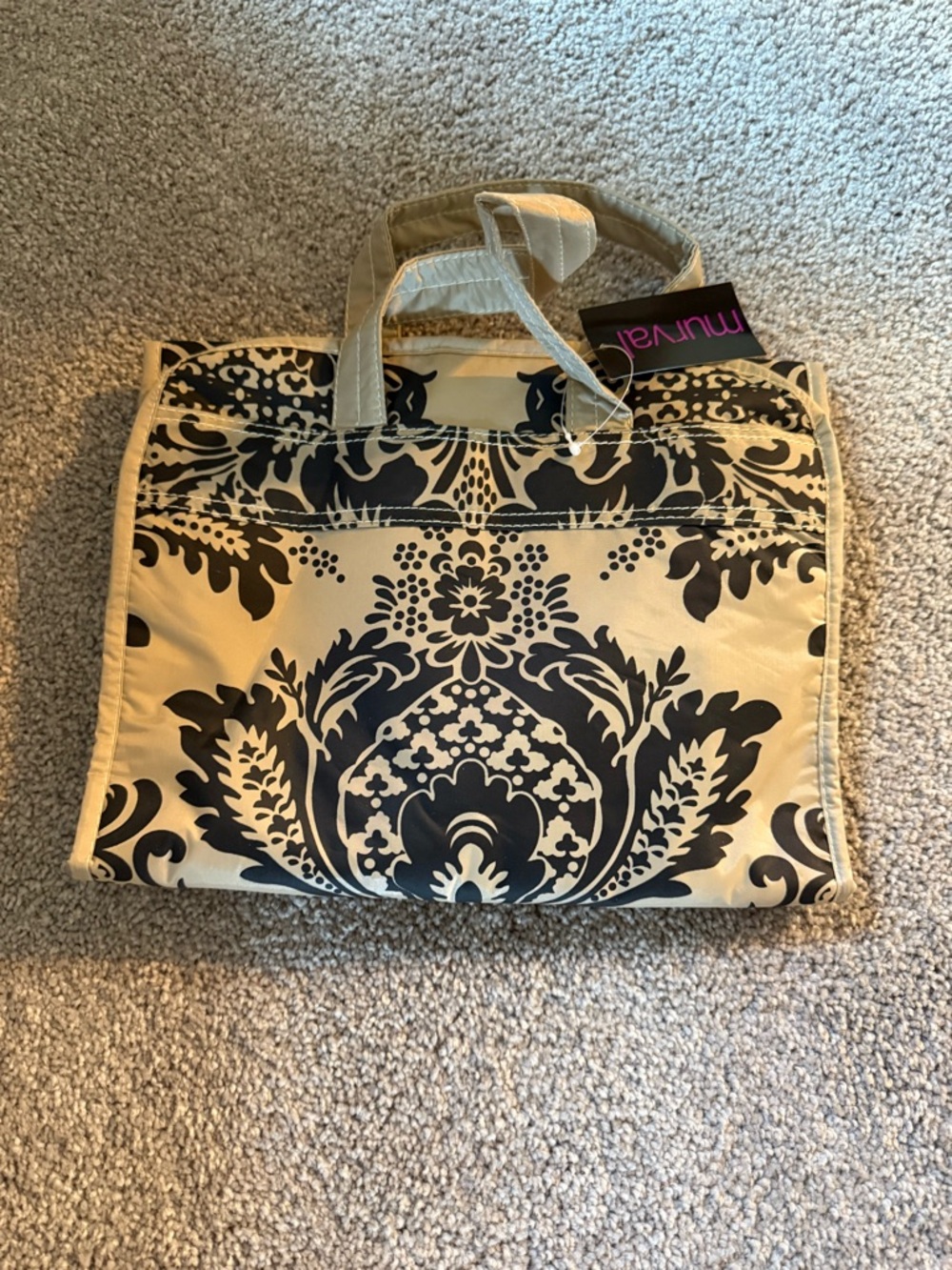 Cream and Black Damask Pattern Travel Tote Bag for toiletries.